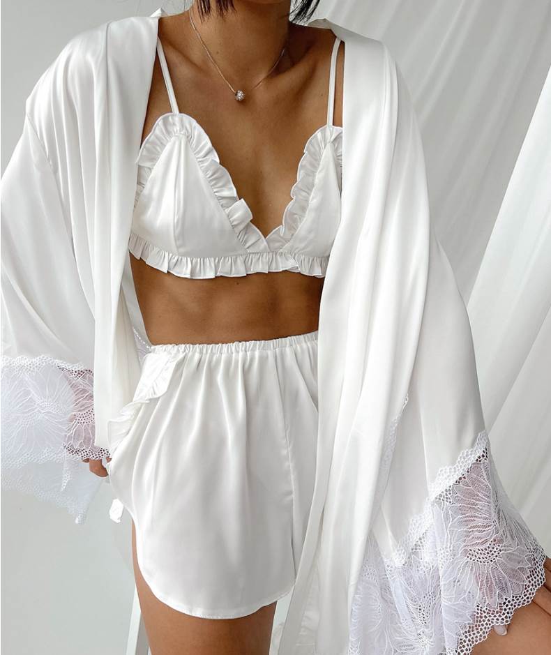 Satin Lace Suit 欧美性感吊带缎面蕾丝喇叭袖衬衫短裤居家服套装