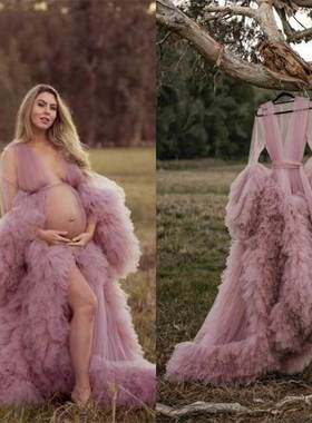 欧美性感网纱孕妇长袍Maternity Robes Sexy Birthday PartyDress
