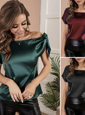 2022 summer bow neckline imitation silk short-sleeved top