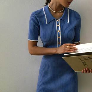 Polo neck stripe dress with contrasting edgesPol领坑条连衣裙