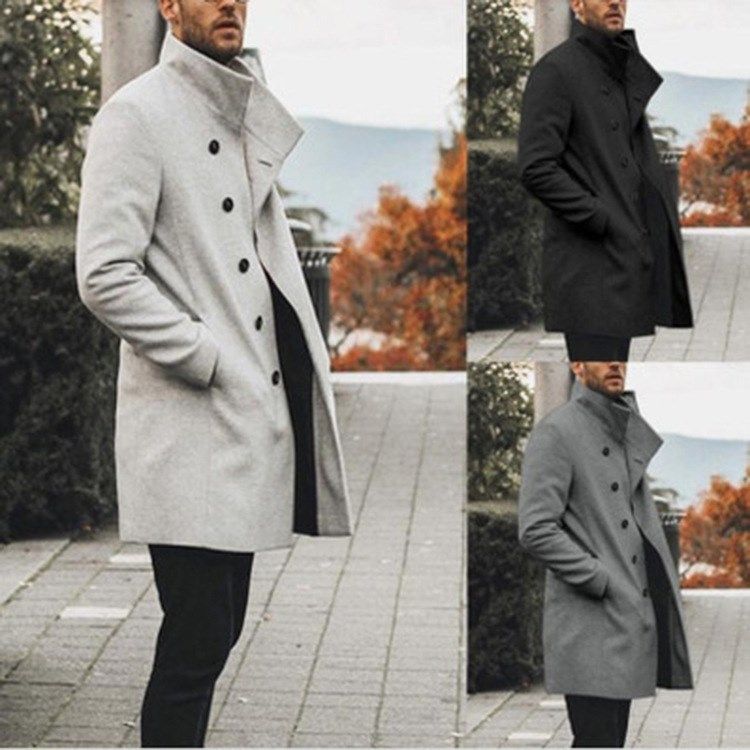 欧美秋冬新款外贸男士中长款立领毛呢风衣外套Trench coat men。