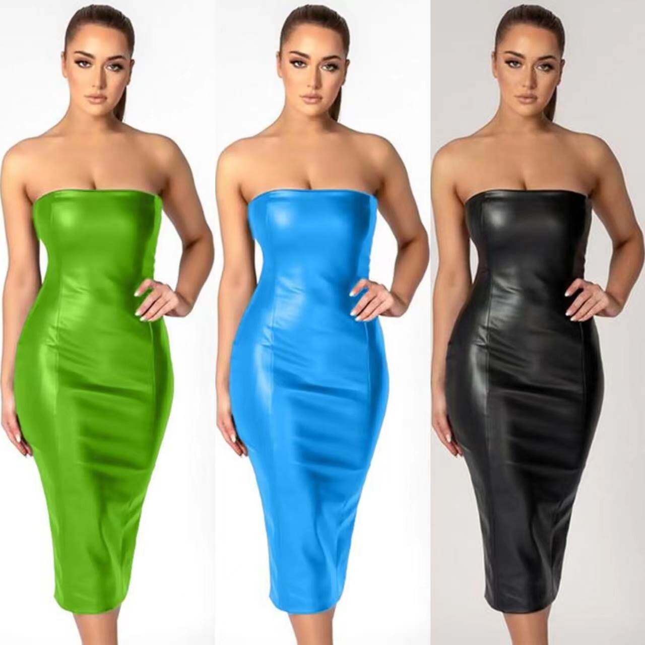 ladies party dress sexy 欧美PU皮修身抹胸后开叉欧美性感连衣裙