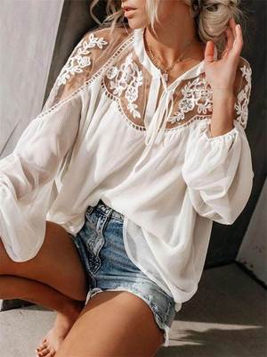 2019 summer women blouse casual lady V neck lace blouse tops