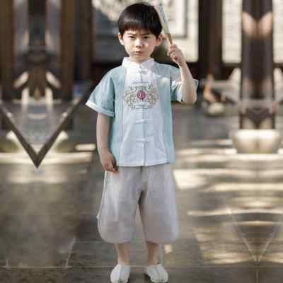 儿童汉服男童夏季中国风薄款复古小孩唐装套装民族风宝宝短袖古装