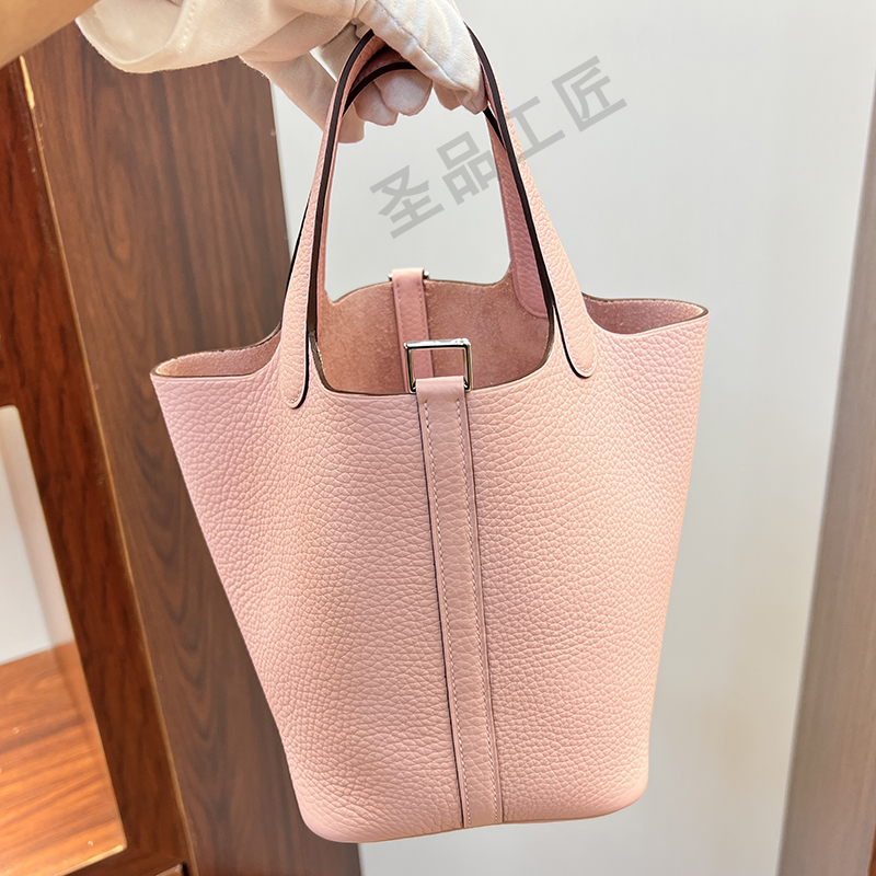 圣品纯手工定制h菜篮包18进口tc荔枝纹水桶包菜篮子22真牛皮手缝