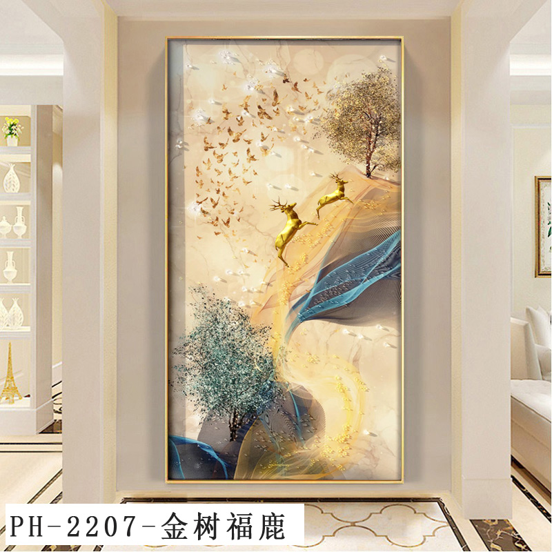 正品轻奢入户玄关鹿镶钻晶瓷装饰画竖走廊背景墙挂画抽象过道尽头图片