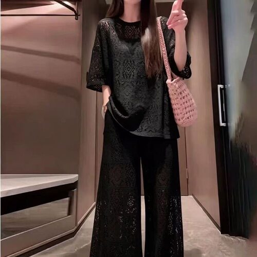 法式慵懒休闲时尚套装女夏季宽松显瘦镂空短袖T恤阔腿裤两件套潮