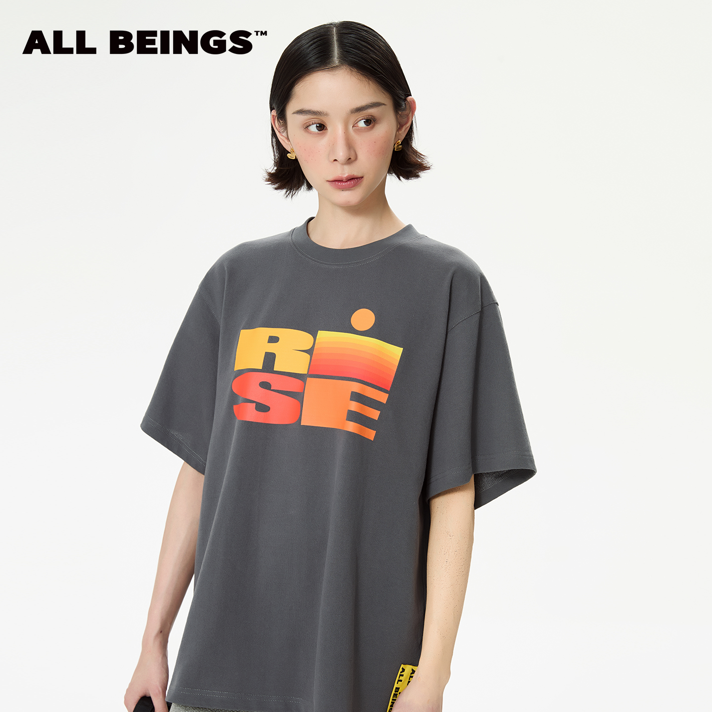 ALL BEINGS25SS小众设计感深灰落日渐变印花字母短袖宽松T恤女