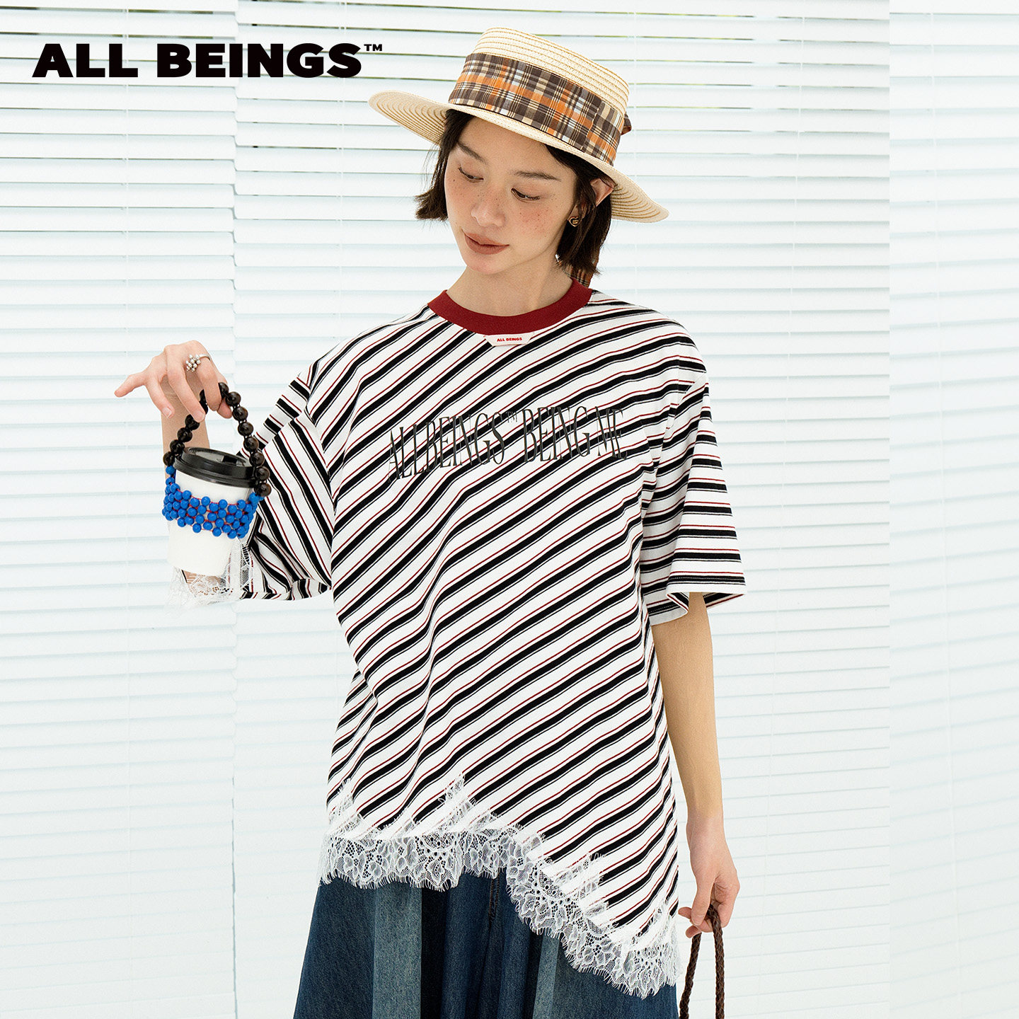 ALL BEINGS26SS夏季新款条纹撞色圆领落肩袖蕾丝下摆拼接短袖T恤