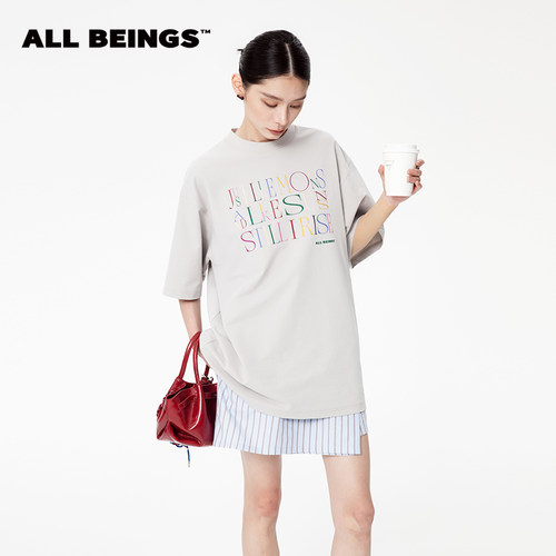 ALL BEINGS2025SS夏季新款纯色字体矩阵灰色大廓形宽松T恤女