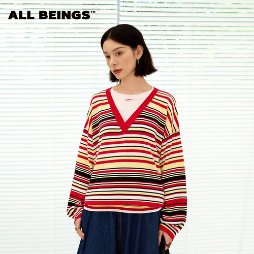 ALLBEINGS跳跃彩条假两件毛衣