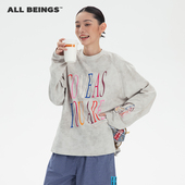 T恤 BEINGS24AW宽松印花圆领灰色洗水插肩长袖 吴佳怡同款 ALL
