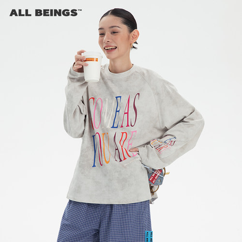 【吴佳怡同款】ALL BEINGS24AW宽松印花圆领灰色洗水插肩长袖T恤