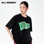 ALL 新款 BEINGS25AW创意个性 旗帜贴布绣黑色圆领T恤上衣女秋季