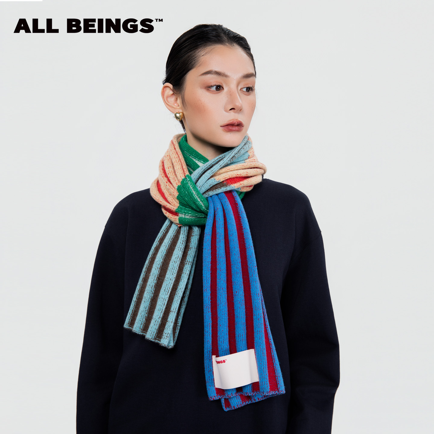 ALL BEINGS 2025AW秋冬围巾彩色拼接条纹柔软保暖羊毛针织围脖女