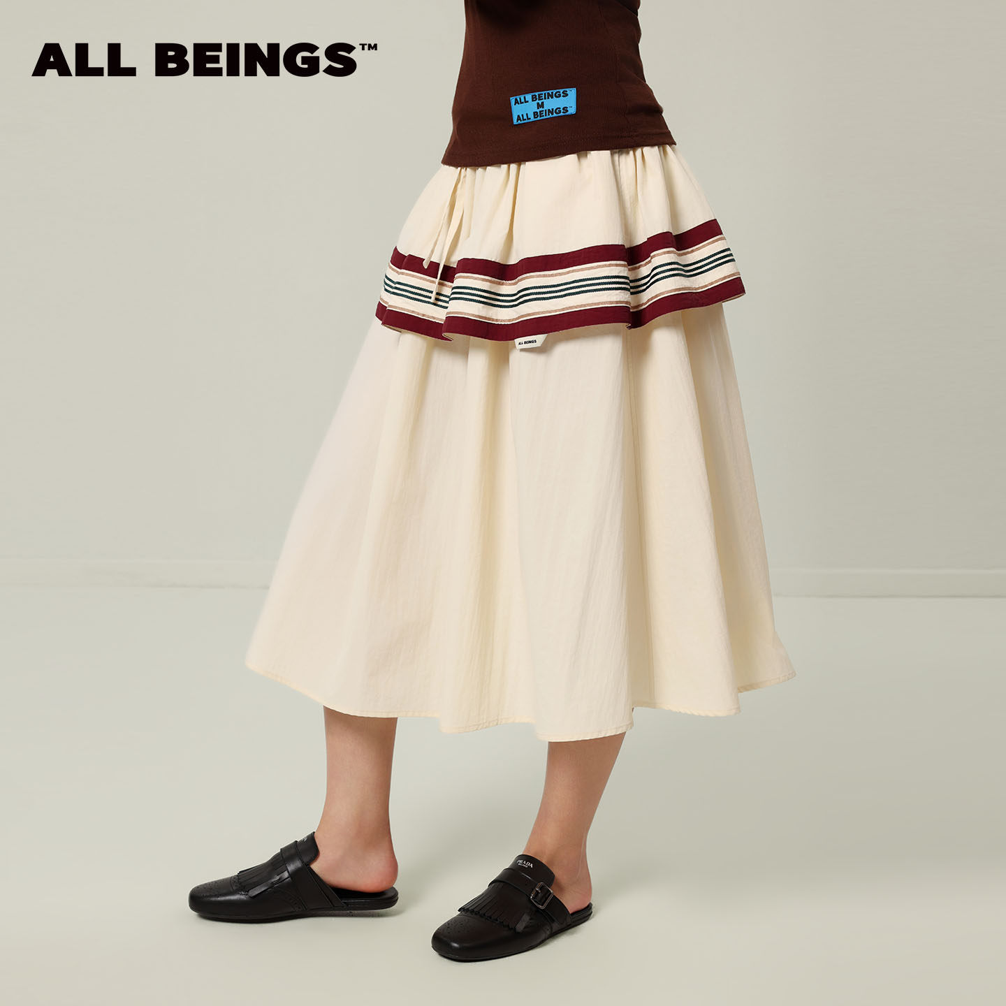 ALL BEINGS[层次感穿搭]2026SS夏季新款彩条拼接花边A字半身长裙