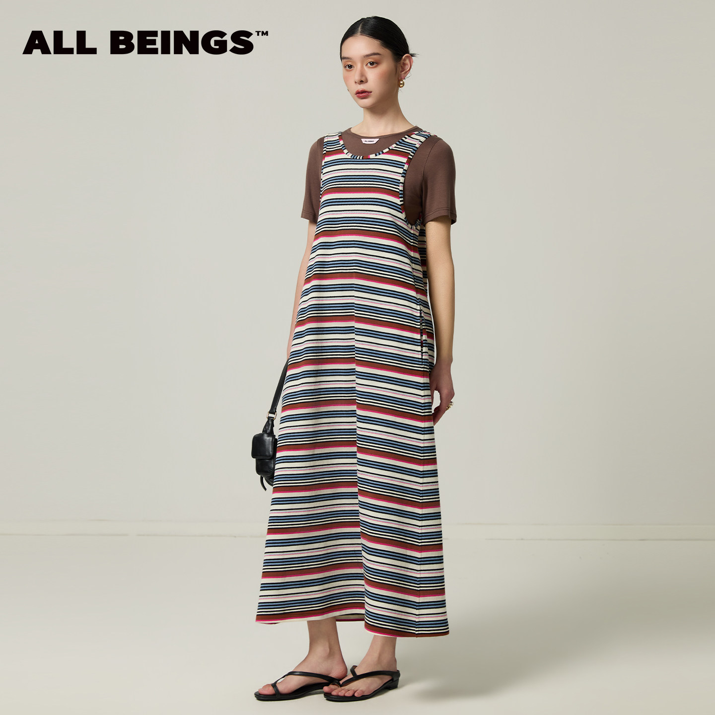 ALL BEINGS26SS夏季新款旅行度假风假两件彩条纹针织T恤式连衣裙
