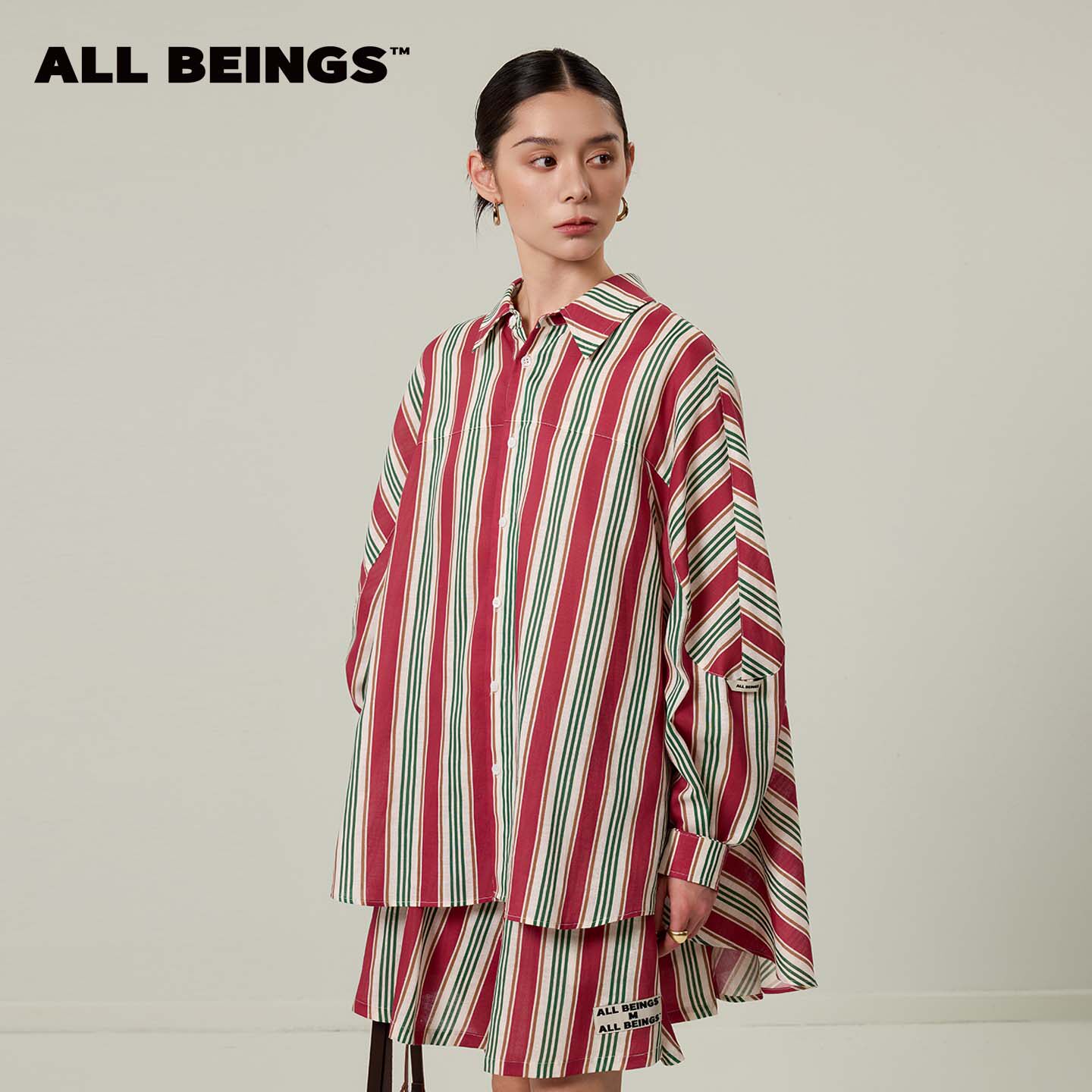 ALL BEINGS2026SS夏季新款红色条纹印花亚麻混纺宽松廓形长袖衬衣