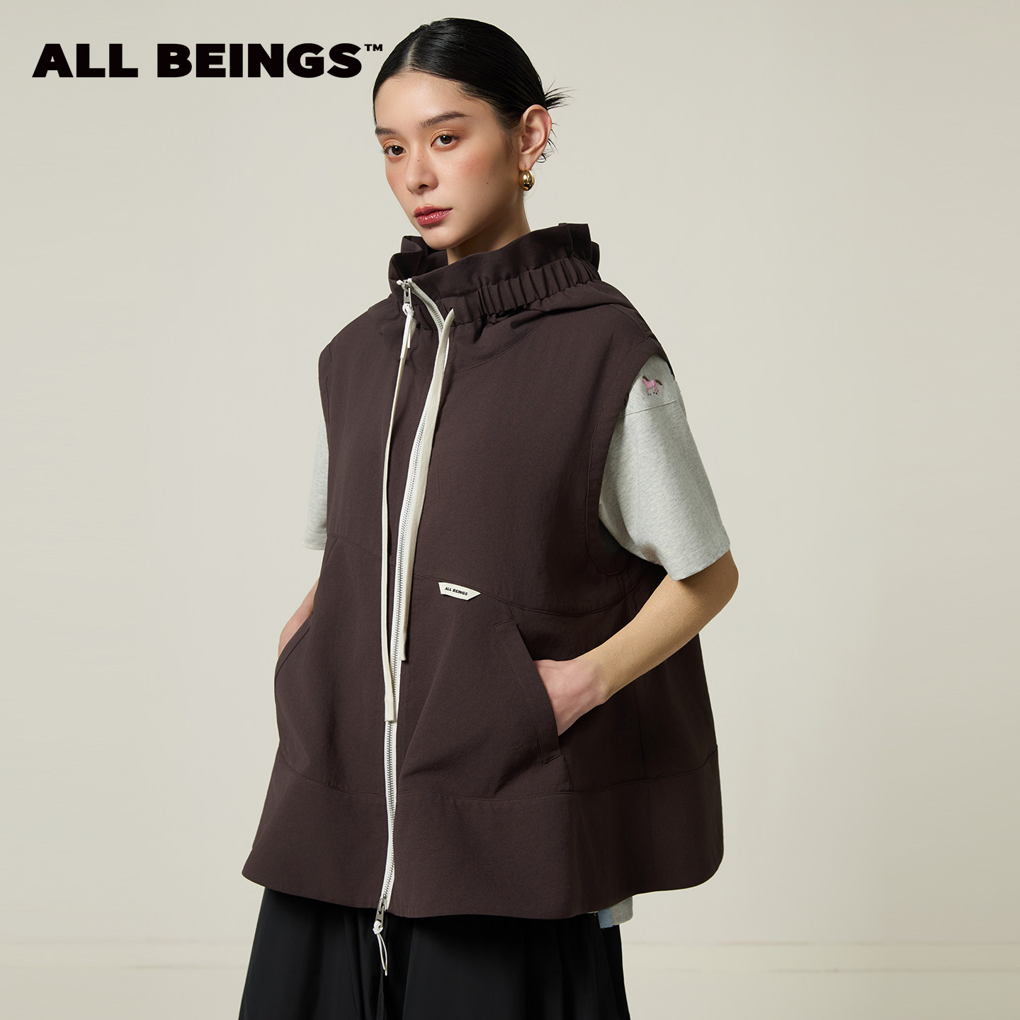 ALL BEINGS2026SS春季新品设计感休闲 花苞抽褶连帽A字摆马甲