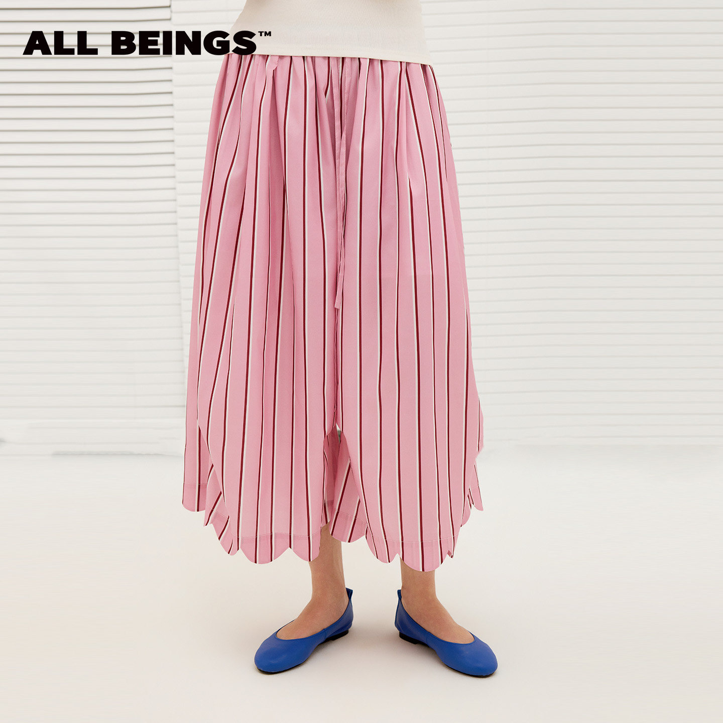 ALL BEINGS26SS夏季新款多巴胺条纹印花轻薄波浪花边宽松九分裙裤