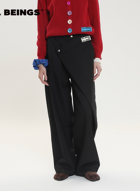 ALLBEINGS 24AW设计感黑色翻折腰头羊毛廓形西裤气质显瘦秋冬新款