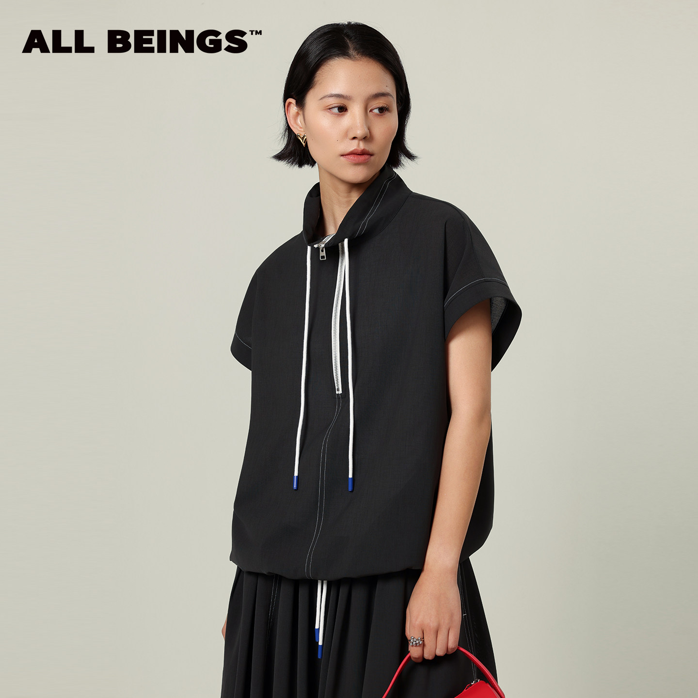 ALL BEINGS26SS夏季新款松弛感穿搭半拉链小高领A摆落肩上衣背心
