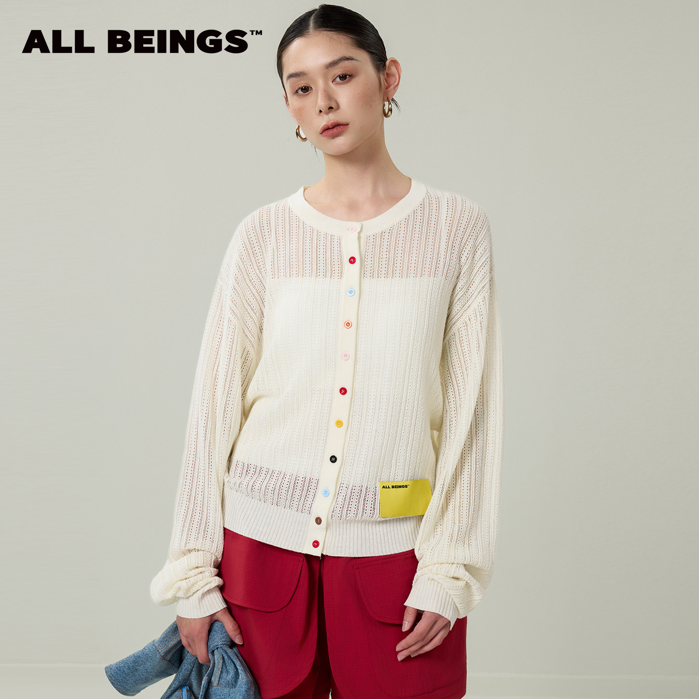 ALL BEINGS26SS夏季新款轻薄彩扣绞花镂空透气针织开衫上衣外套女