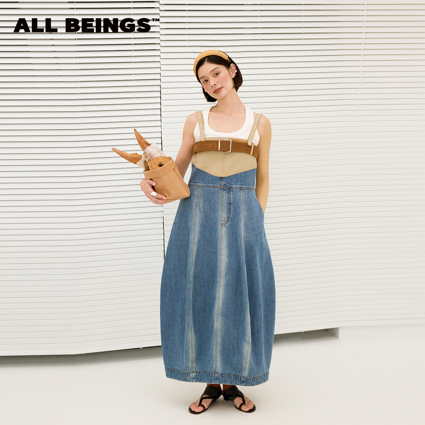 ALL BEINGS2026SS夏季新款复古工装解构牛仔花苞廓形背带连衣裙