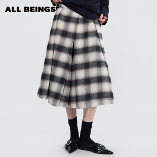 女 灰白格纹法兰绒A摆休闲半身阔腿裙裤 ALL BEINGS2025AW秋冬新款