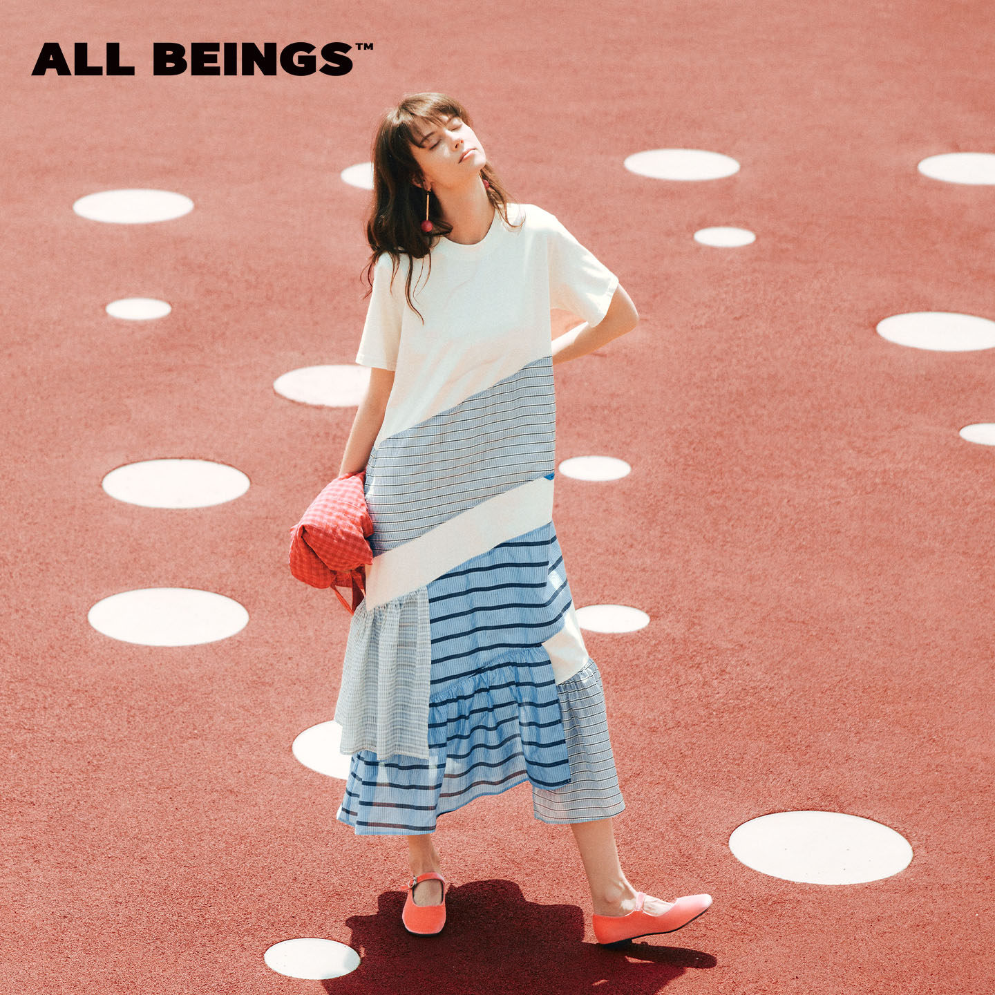 ALL BEINGS[度假穿搭]2026SS夏季新款彩色拼接层叠短袖A字连衣裙