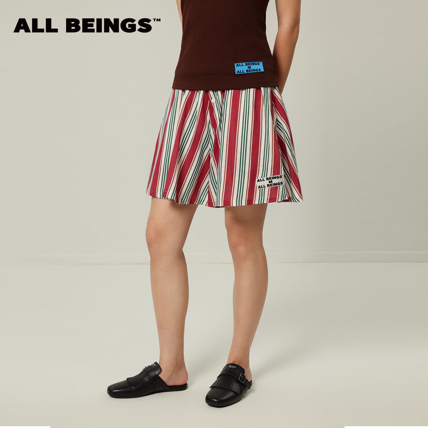 ALL BEINGS26SS夏季新款轻薄A摆廓形条纹印花亚麻混纺短裙裤套装