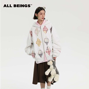 ALL BEINGS24AW秋冬新款花灰宽松拼接连帽卫衣开衫百搭外套女