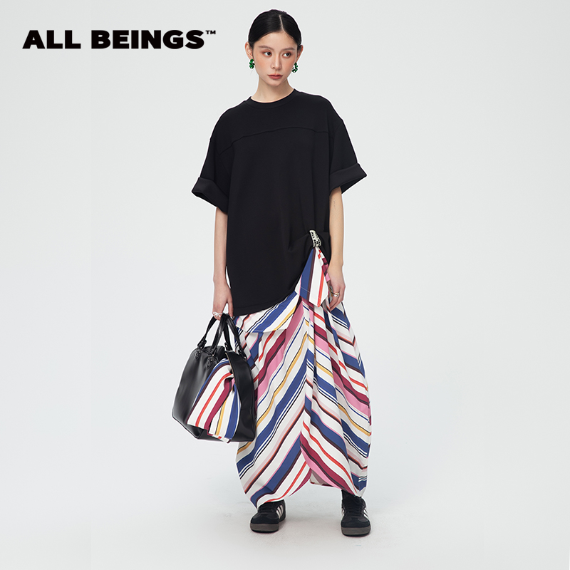 【何洁同款】ALL BEINGS25SS夏季空气棉彩条拼接解构T恤连衣裙