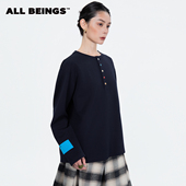 BEINGS2025AW秋季 新款 藏青色彩扣亨特领打底衫 ALL 长袖 T恤女
