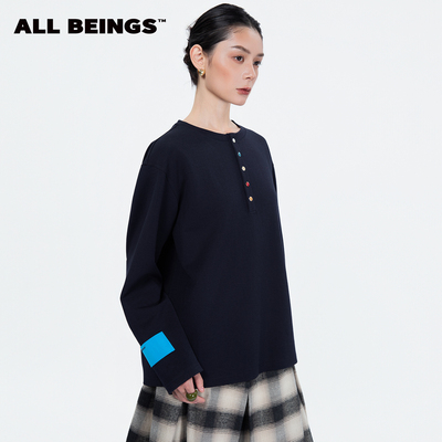 ALL BEINGS2025AW秋季新款藏青色彩扣亨特领打底衫长袖T恤女