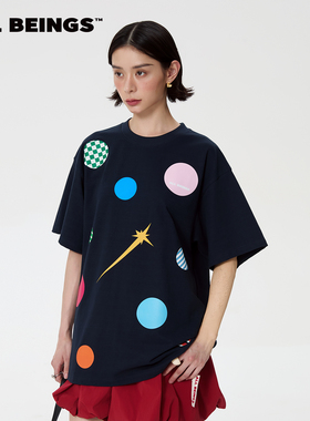 ALL BEINGS255SS夏季新款彩色波点大廓形宽松圆领休闲T恤女