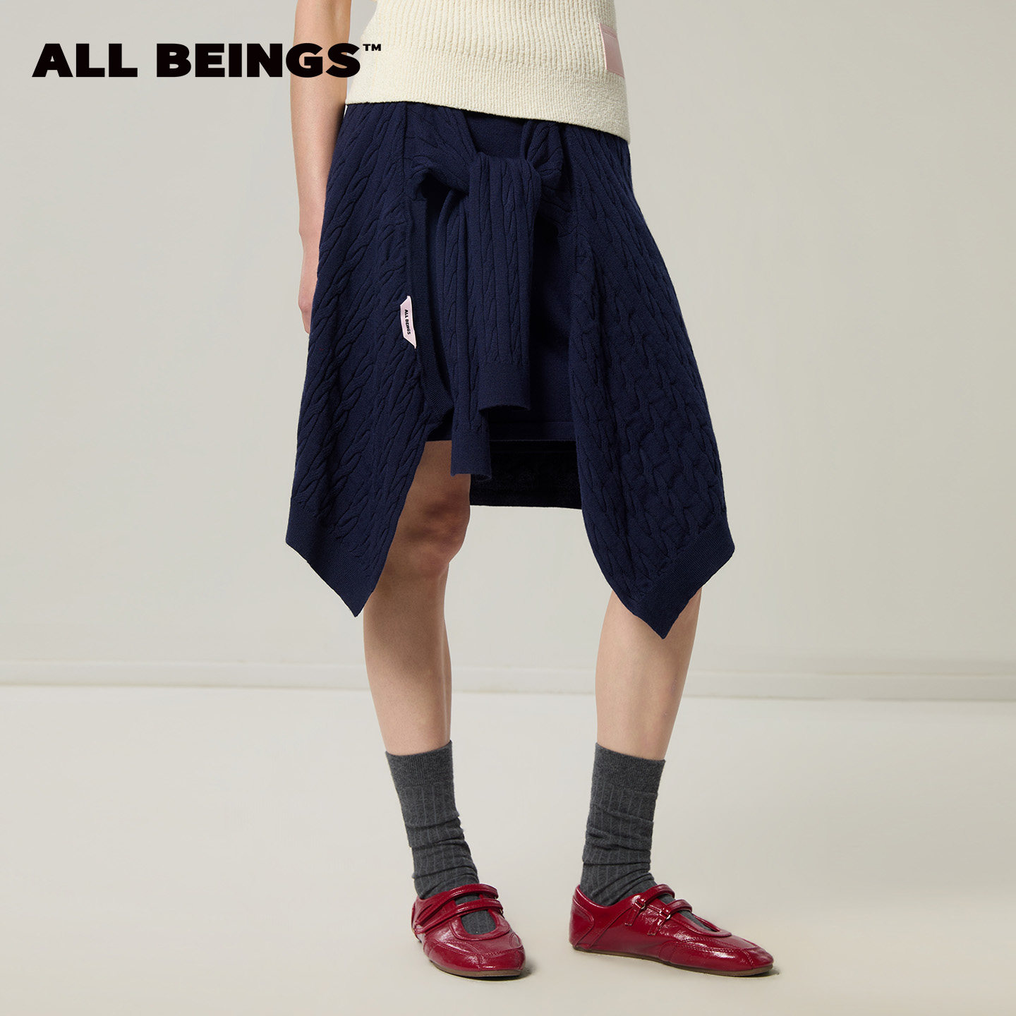 ALL BEINGS26SS春季新款藏青拼接假两件羊毛针织不规则半身裙,女装/女士精品,半身裙,淘宝优惠券,粉丝福利购,淘宝优惠卷