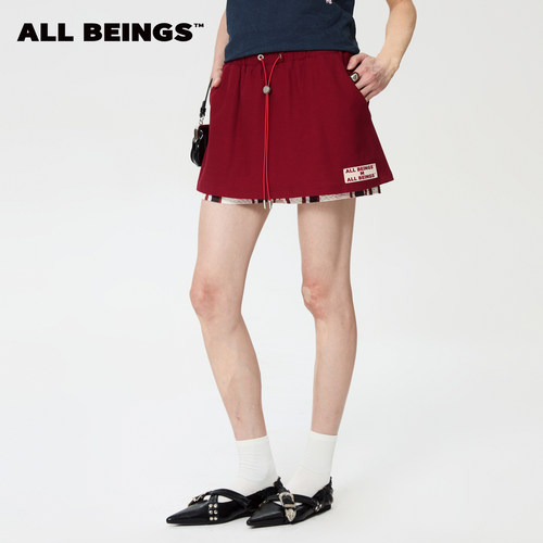 【张予曦同款】ALLBEINGS25SS夏季薄款A摆红色解构拼接短款裙裤女