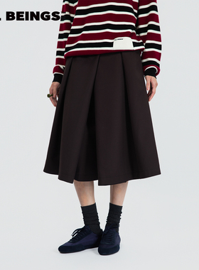 ALL BEINGS2025AW秋冬新品深巧克力色羊毛A摆休闲宽松半身裙裤女