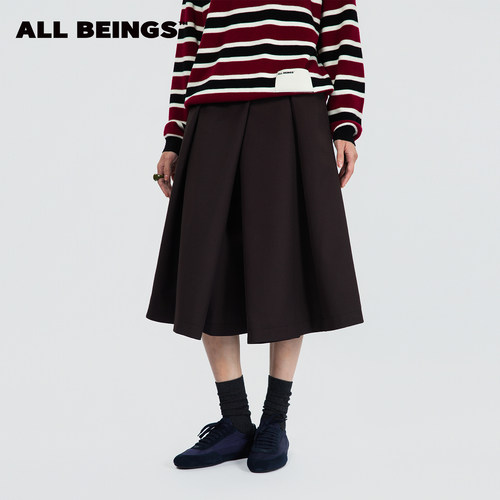 ALL BEINGS2025AW秋冬新品深巧克力色羊毛A摆休闲宽松半身裙裤女
