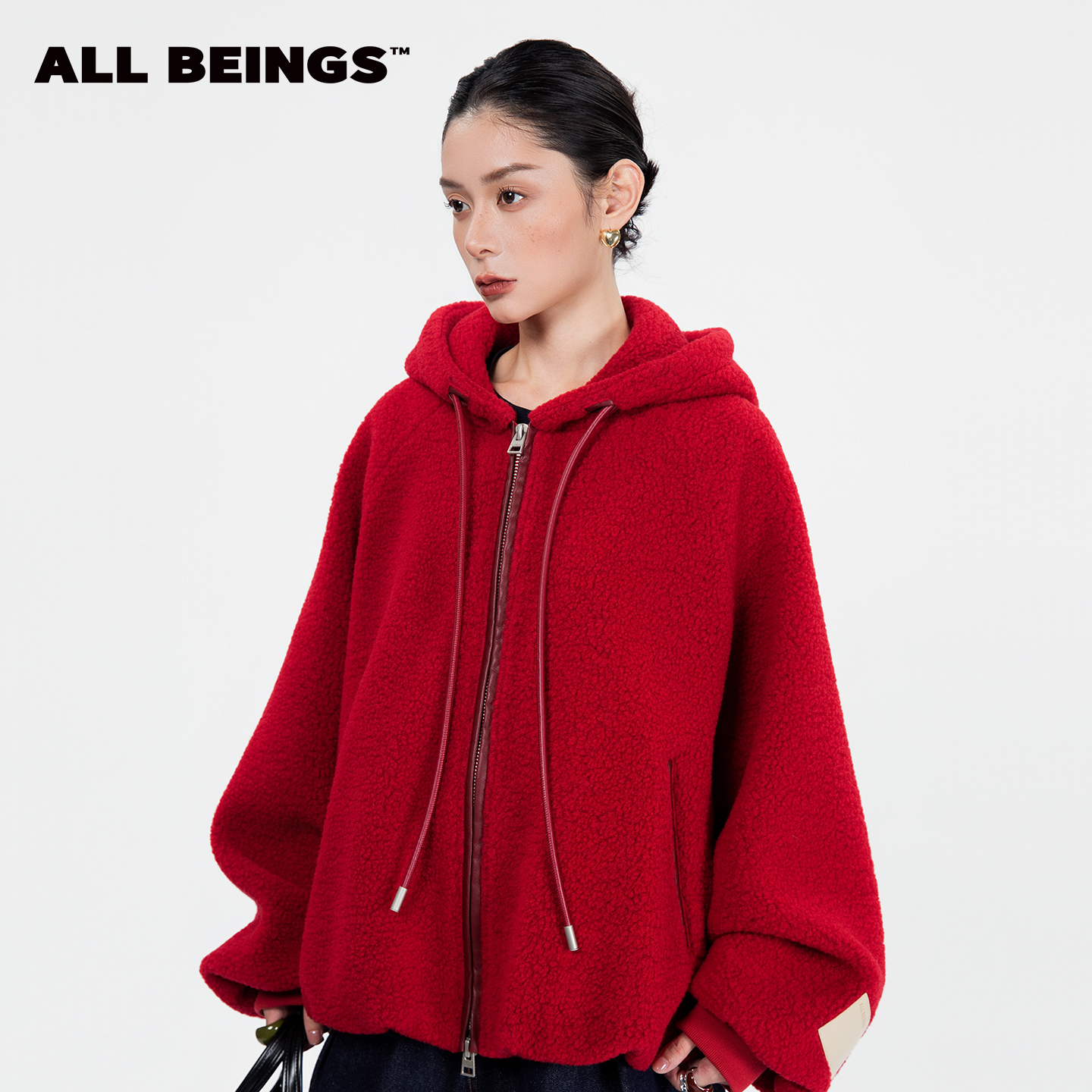 ALL BEINGS2025AW秋冬新品人造仿羊羔毛花苞下摆连帽宽松外套女