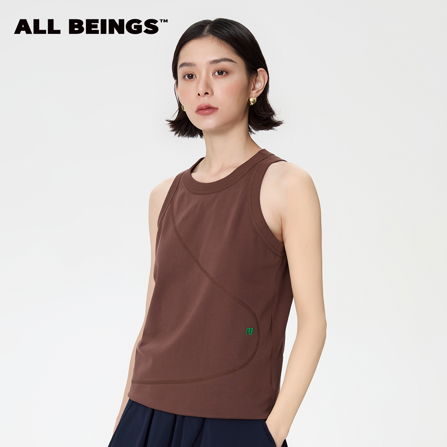 ALL BEINGS25SS设计师款深棕色装饰线露背吊带背心夏季新款女