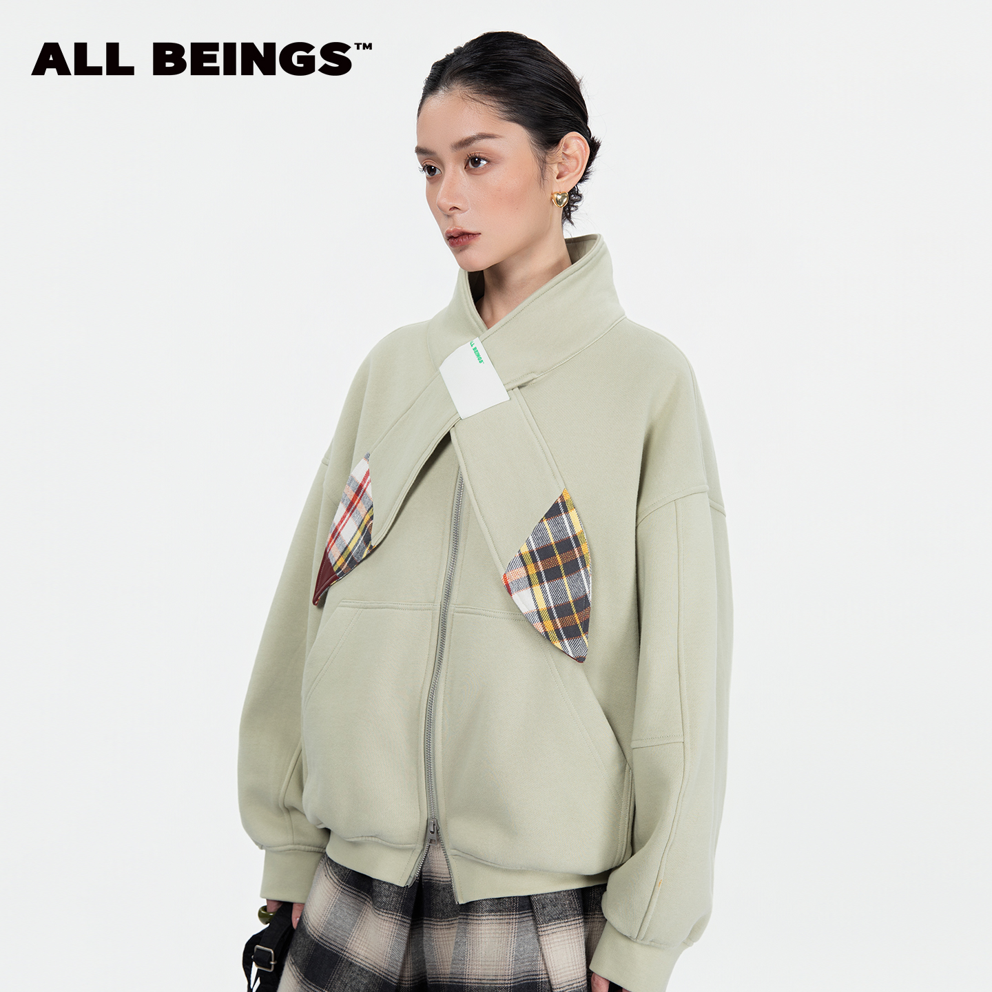 ALL BEINGS2025AW秋冬设计感新款拼接宽绳围巾搭片圆领卫衣女