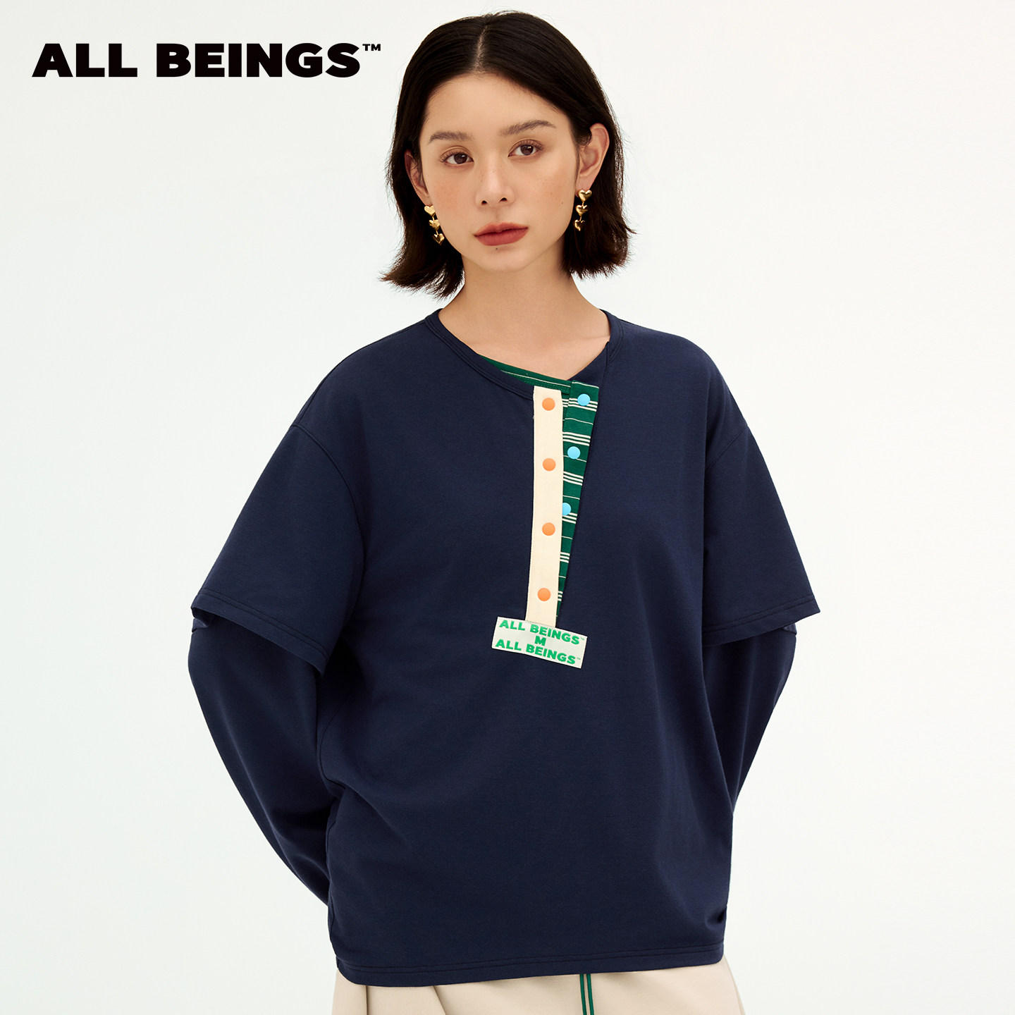 ALL BEINGS26AW 早秋不对称藏青撞色解构斜门襟假两件打底T恤上衣