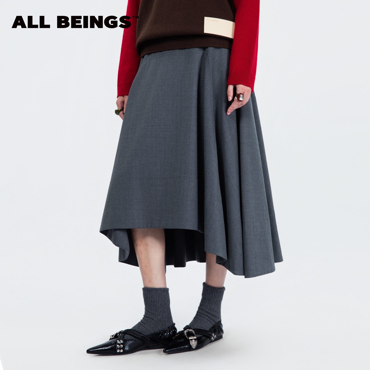 ALL BEINGS2025AW秋冬新品灰色精纺羊毛宽边宽松廓形半身长裙女