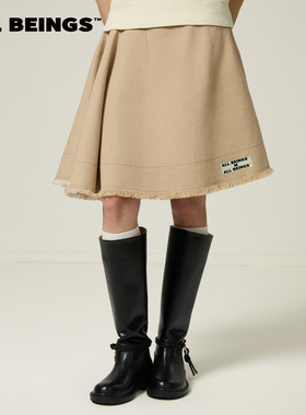 ALL BEINGS2026SS春季新品设计感 休闲不对称A摆毛边卡其洗水半裙