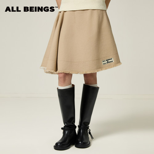 ALL BEINGS2026SS夏季新品设计感 休闲不对称A摆毛边卡其洗水半裙