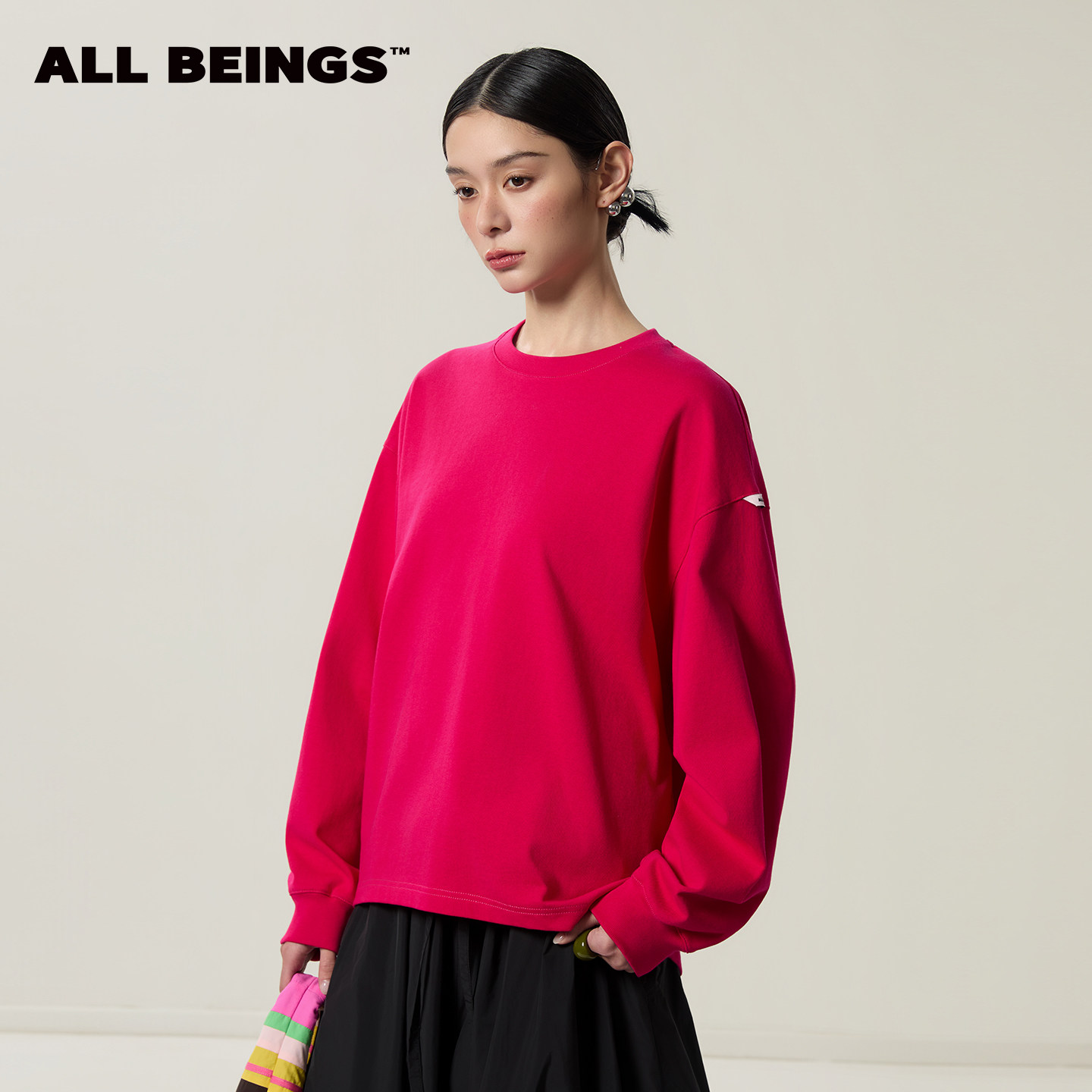 ALL BEINGS26SS新款oversize玫红色立体剪裁纯棉圆领长袖T恤上衣