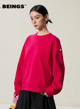ALL BEINGS26SS新款oversize玫红色立体剪裁纯棉圆领长袖T恤上衣