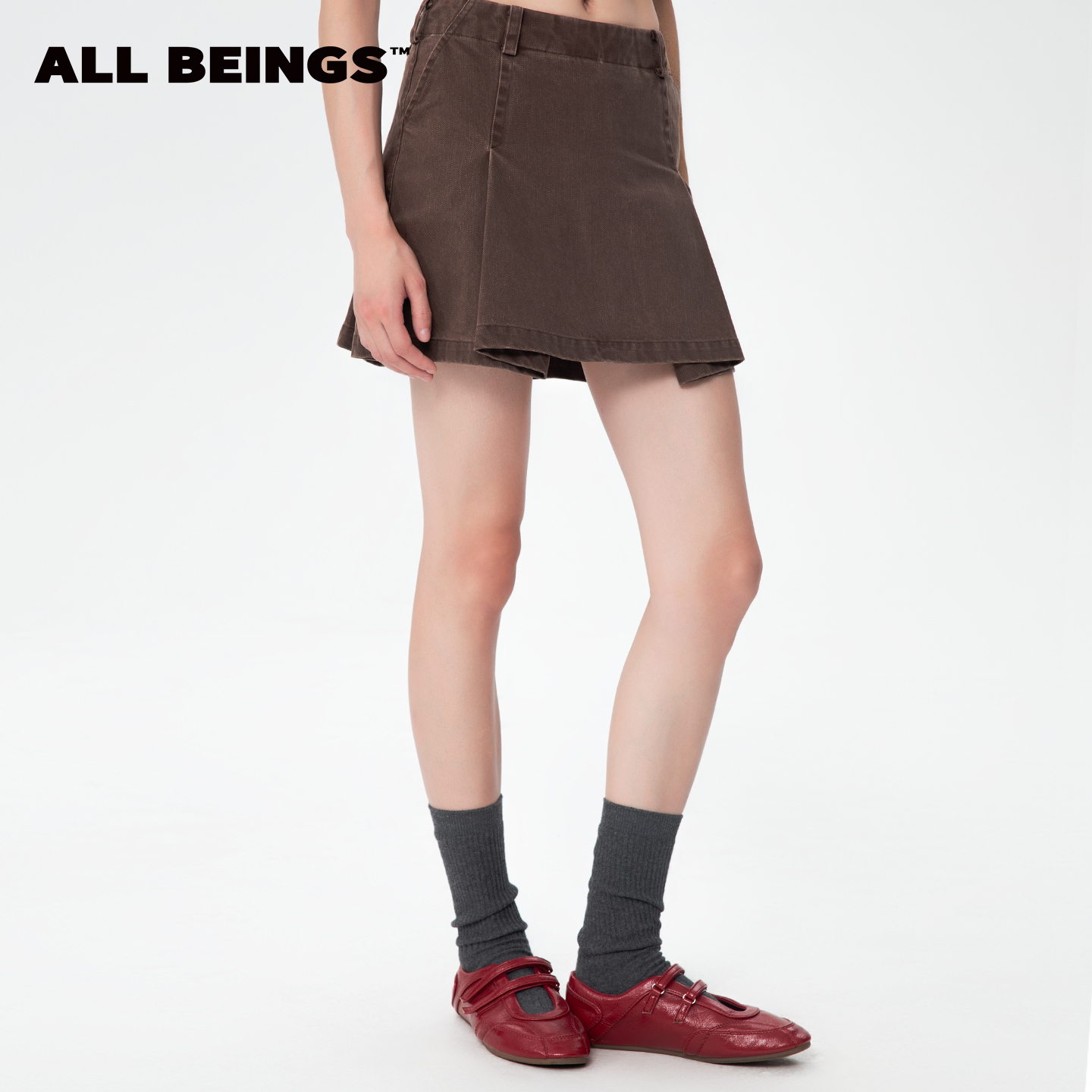 ALL BEINGS25AW早秋新款棕色洗水宽褶斜纹a字半身短裙高级感百搭